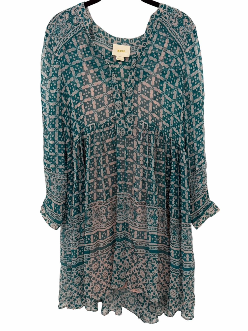 Anthropologie Maeve Sheer Sapphire Teal Print Peasant Dress with Rose Slip 4
